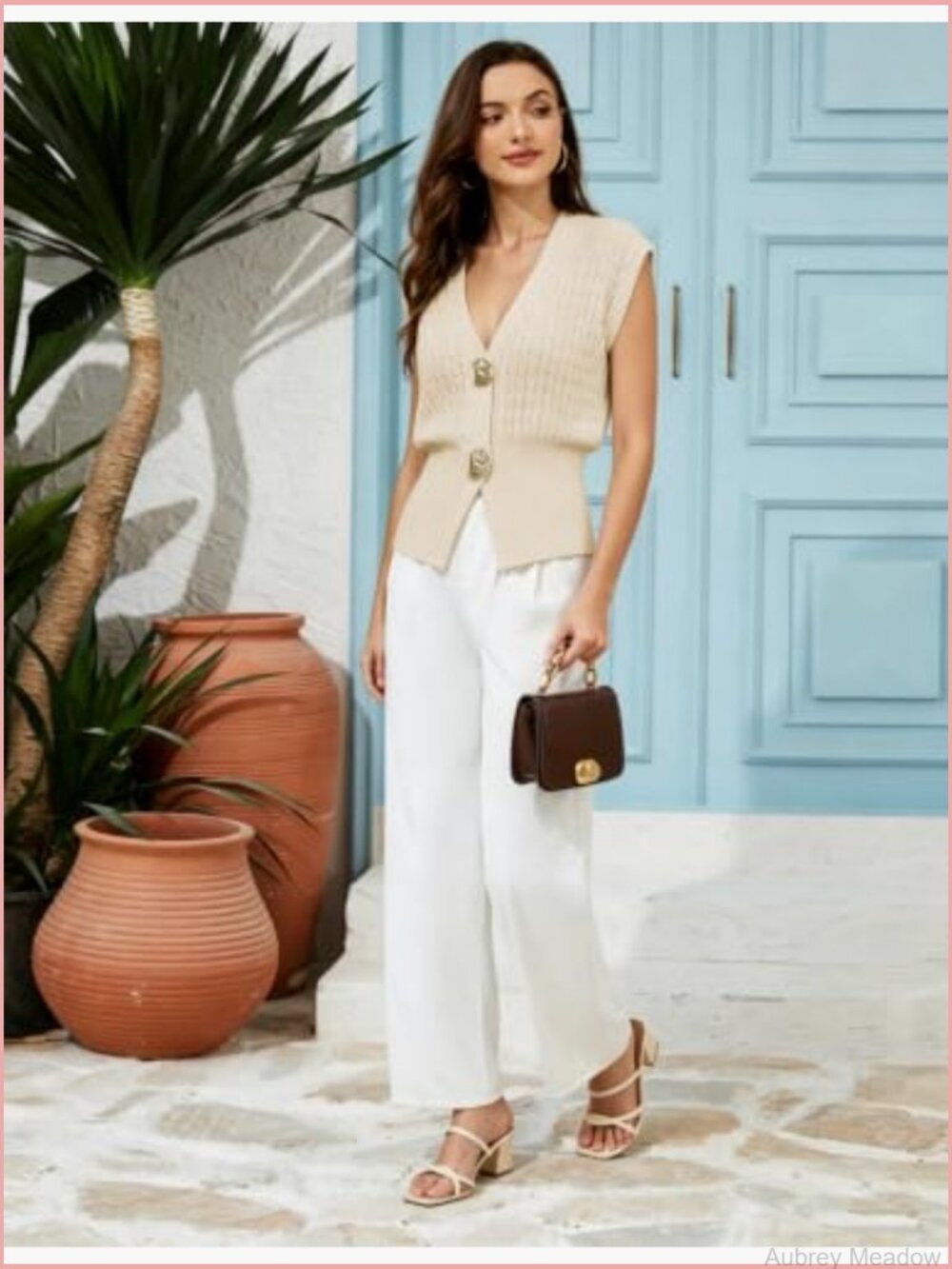 Sleeveless V-Neck Cable Knit Sweater Vest in Cream - Picture 4 of 4